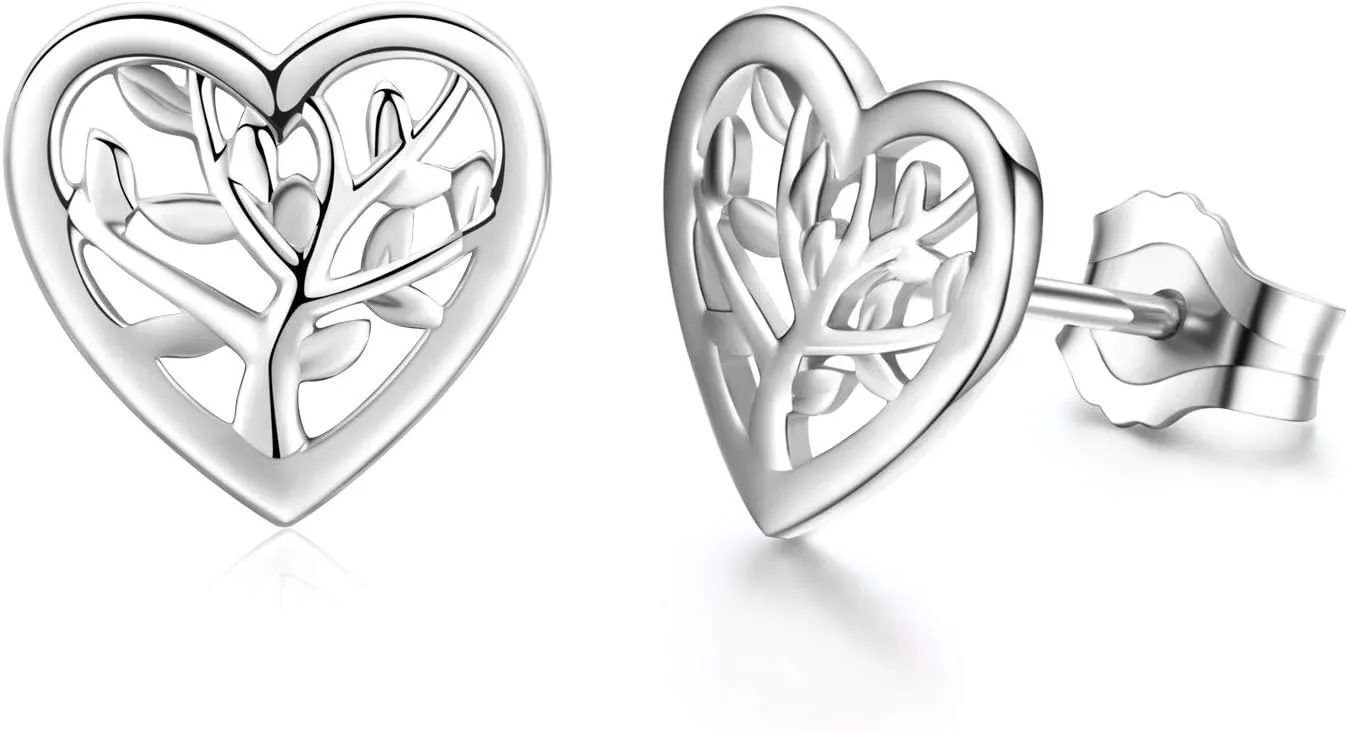 Tree of Life Earrings, 925 Sterling Silver Heart Shaped Studs for Women, Hypoallergenic Earrings for Sensitive Ears Gifts for Women with Gift Box