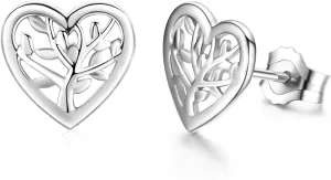 Tree of Life Earrings, 925 Sterling Silver Heart Shaped Studs for Women, Hypoallergenic Earrings for Sensitive Ears Gifts for Women with Gift Box