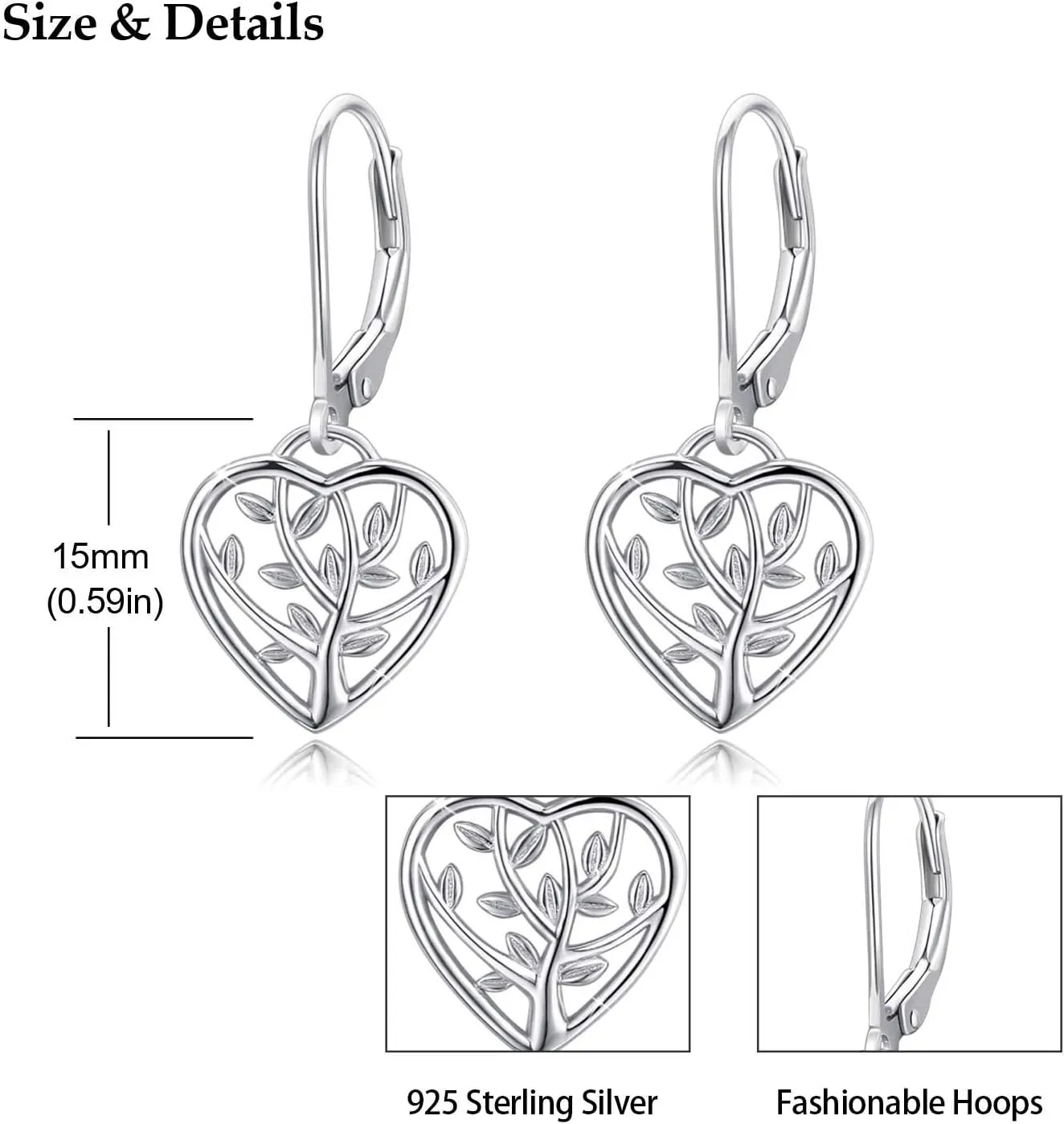 Tree of Life Earrings, 925 Sterling Silver Heart Shaped Studs for Women, Hypoallergenic Earrings for Sensitive Ears Gifts for Women with Gift Box
