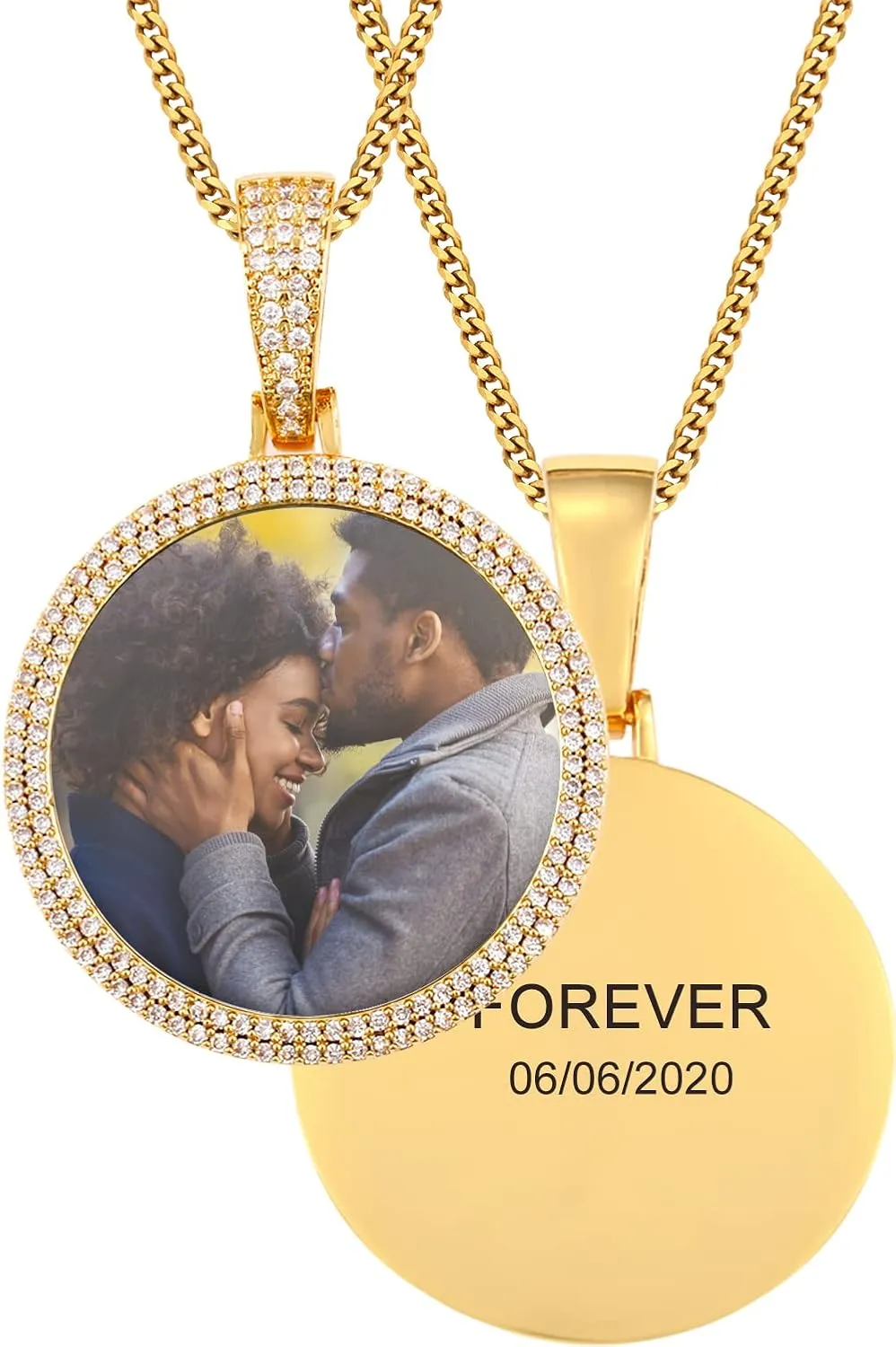 TUHE Personalized Picture Pendant Necklace For Men Women Custom Photo Name Necklace Hip Hop Iced Out Diamond Round Customized Memory Picture Chains Pendants