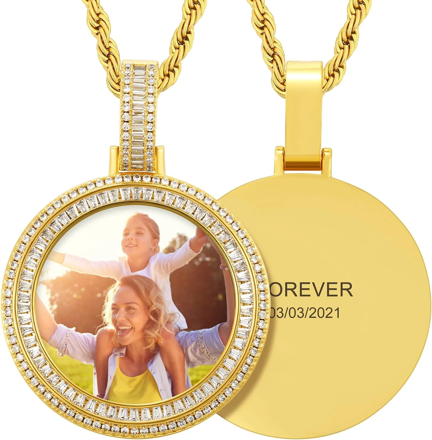 TUHE Personalized Picture Pendant Necklace For Men Women Custom Photo Name Necklace Hip Hop Iced Out Diamond Round Customized Memory Picture Chains Pendants