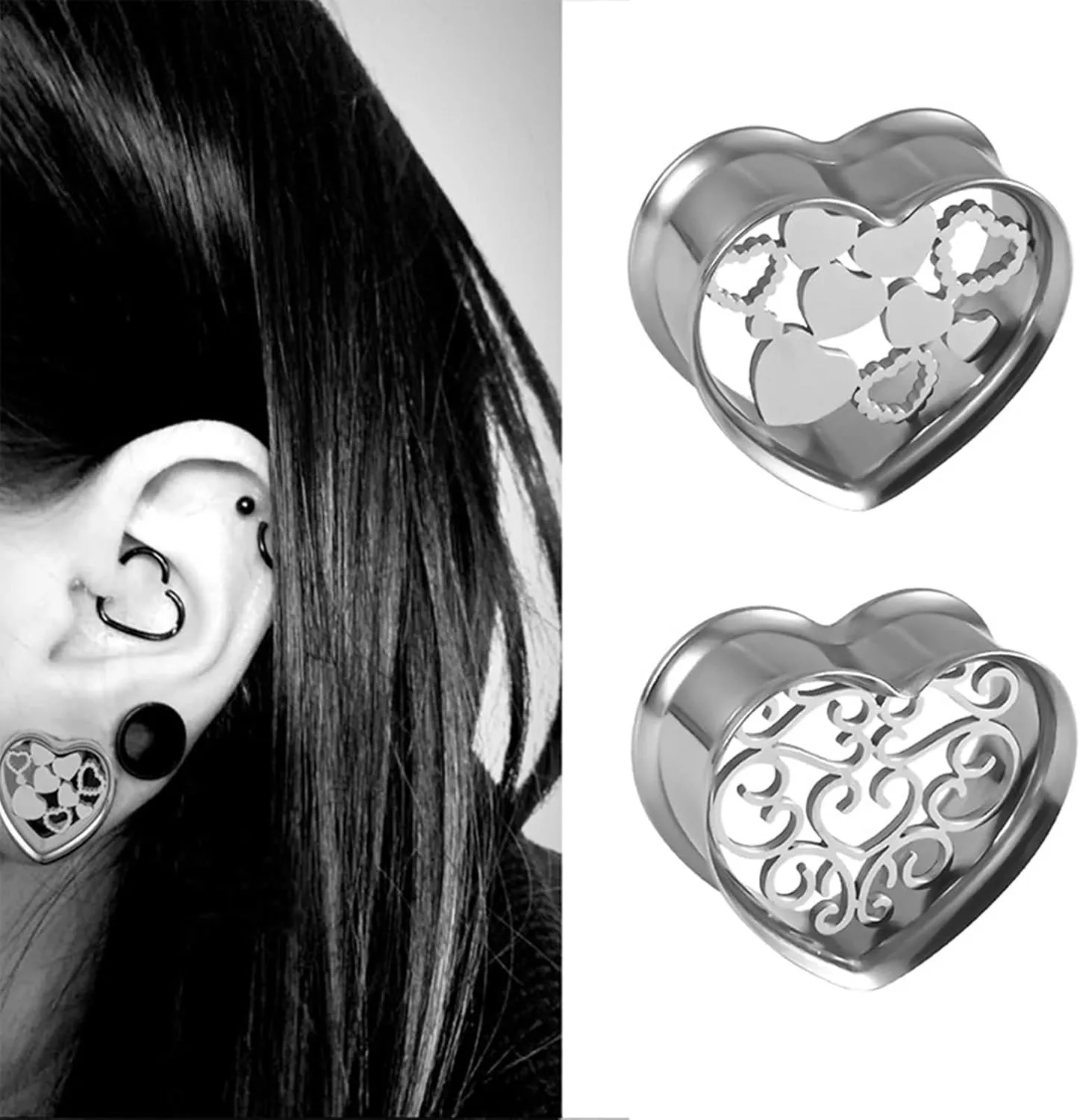 Tunnel Gauges, 2PCS Stainless Steel Ear Plugs Polished Hollow Heart Gauge Plugs Body Piercings Jewelry