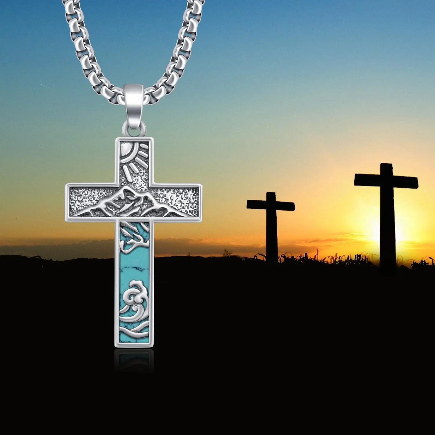 Turquoise Necklace 925 Sterling Silver Western Cross Pendant Necklaces Vintage Turquoise Jewelry for Men Native American Jewelry Gifts