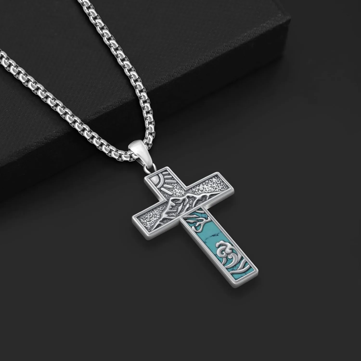 Turquoise Necklace 925 Sterling Silver Western Cross Pendant Necklaces Vintage Turquoise Jewelry for Men Native American Jewelry Gifts