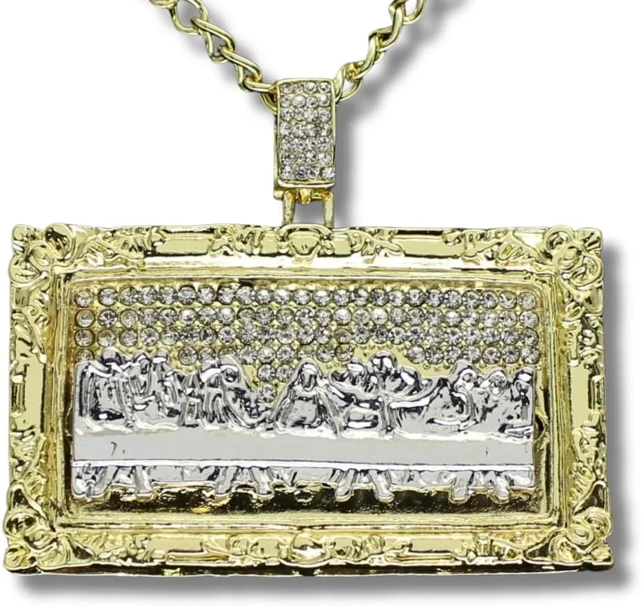 Two Tone XL Last Supper CZ Pendant 14k Gold Plated 24" Rope Hip Hop Necklace