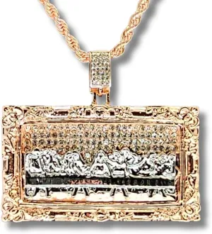 Two Tone XL Last Supper CZ Pendant 14k Rose Gold Plated 24" Rope Hip Hop Jewelry Necklace