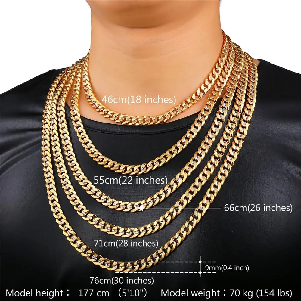 U7 Cuban Link Chain for Men Women, Circle Chain, Herringbone Snake Chain, Stainless Steel Gold Plated Fashion Chain Necklaces Length 18-30 Inch, Solid Heavy Chains, Width 9mm, 12mm, 15mm