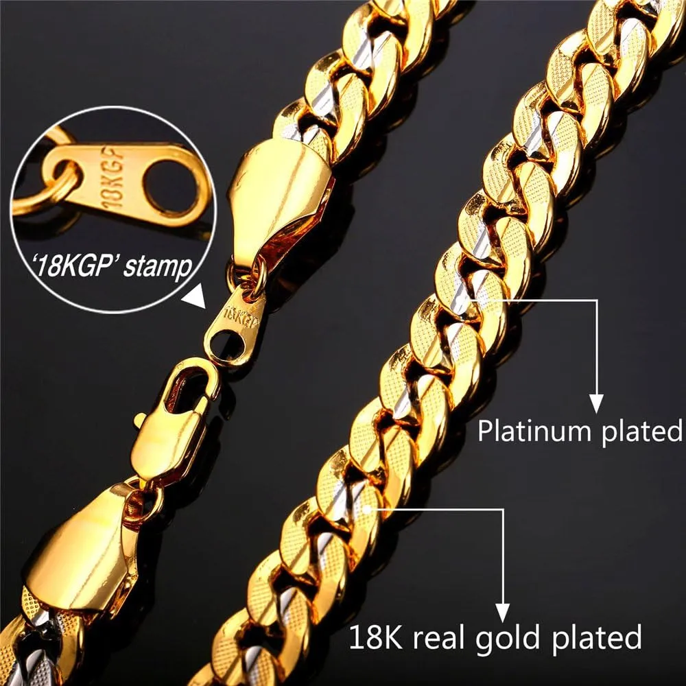 U7 Cuban Link Chain for Men Women, Circle Chain, Herringbone Snake Chain, Stainless Steel Gold Plated Fashion Chain Necklaces Length 18-30 Inch, Solid Heavy Chains, Width 9mm, 12mm, 15mm