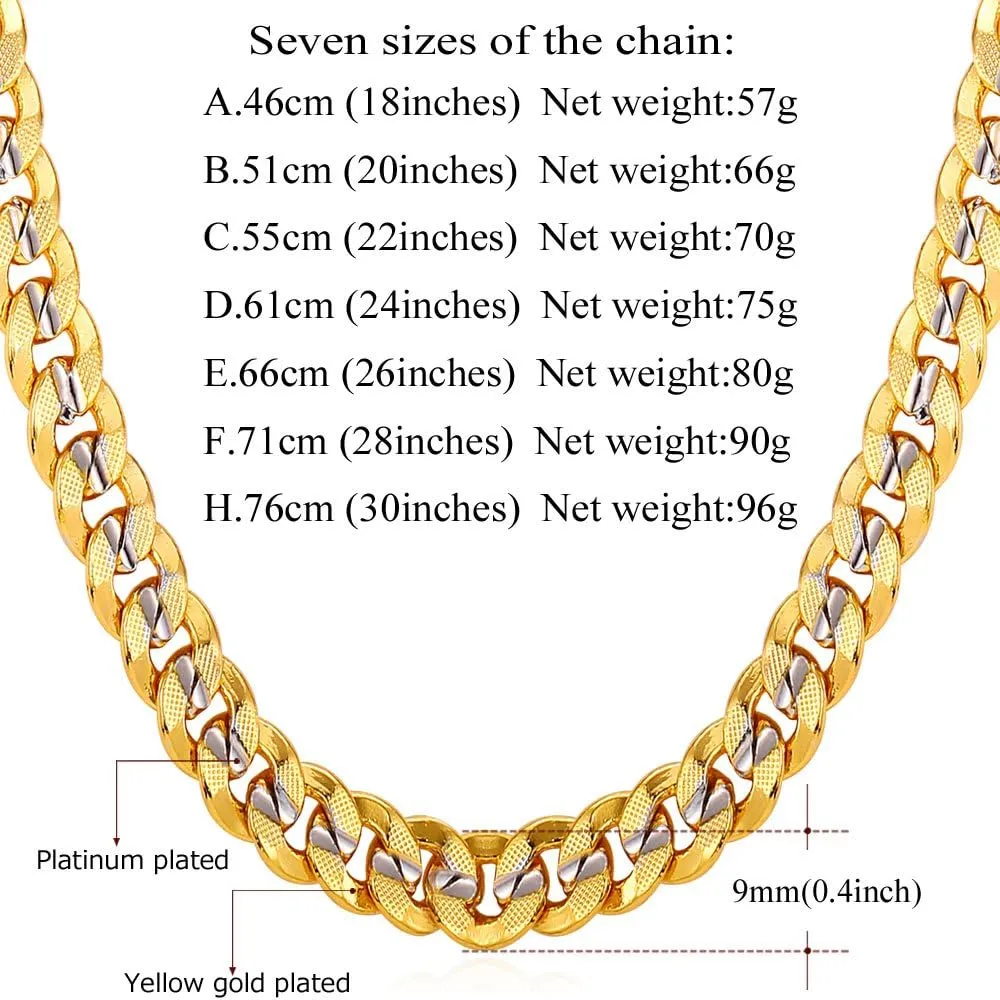 U7 Cuban Link Chain for Men Women, Circle Chain, Herringbone Snake Chain, Stainless Steel Gold Plated Fashion Chain Necklaces Length 18-30 Inch, Solid Heavy Chains, Width 9mm, 12mm, 15mm