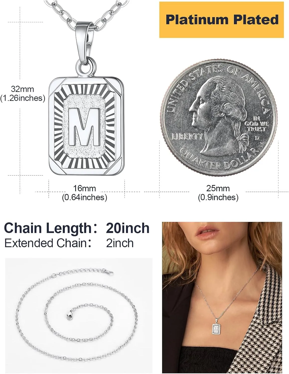 U7 Monogram Necklace A-Z 26 Letters Pendants 18K Gold/Platinum Plated Square Capital Initial Necklaces for Women Men, Resizable Chain 20"-22"