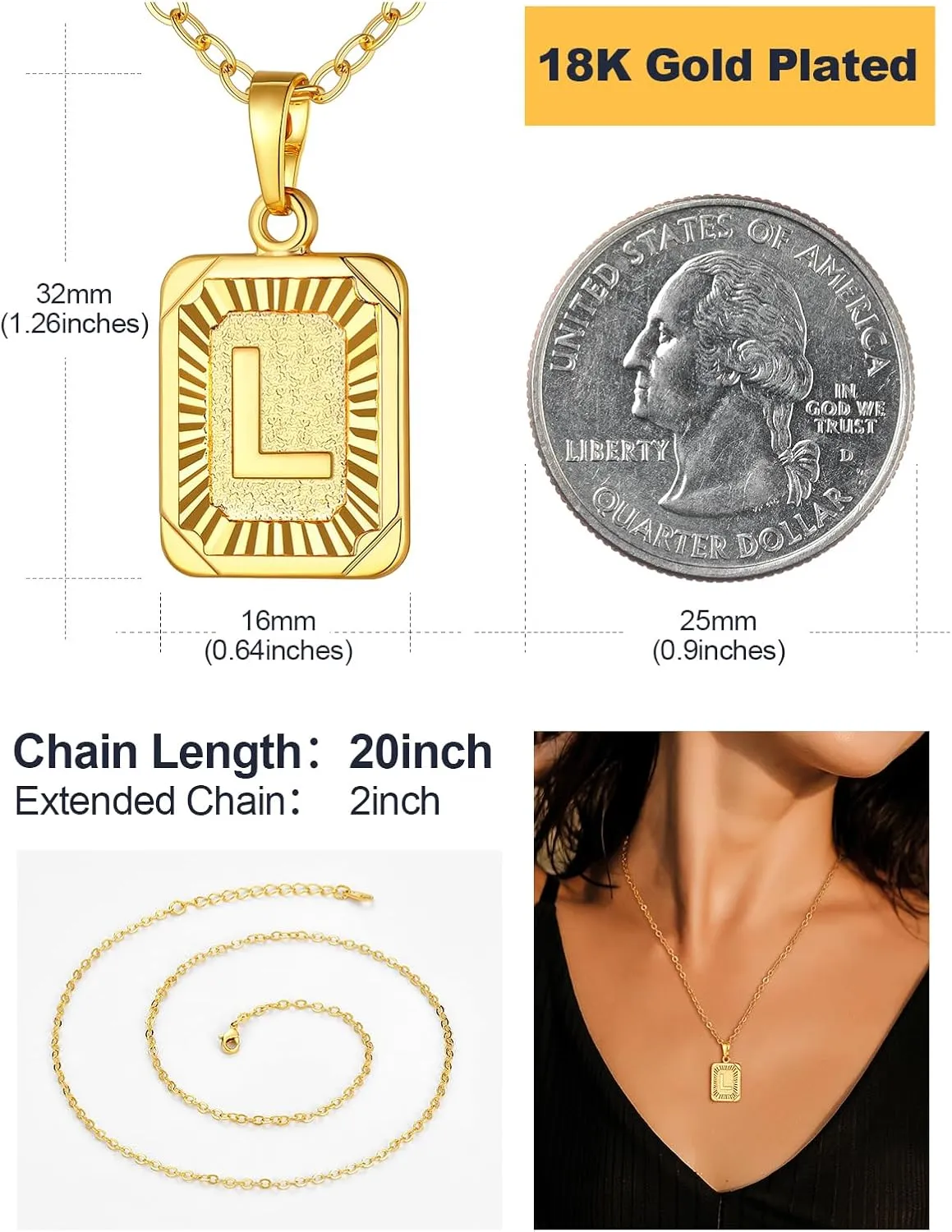 U7 Monogram Necklace A-Z 26 Letters Pendants 18K Gold/Platinum Plated Square Capital Initial Necklaces for Women Men, Resizable Chain 20"-22"