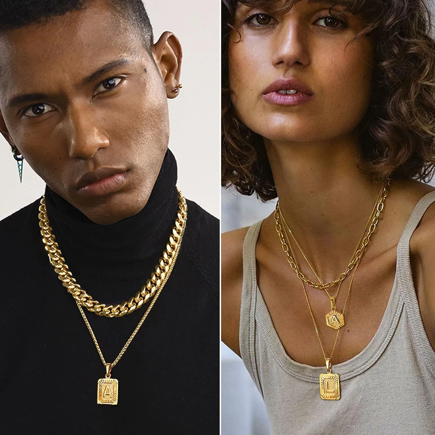 U7 Monogram Necklace A-Z 26 Letters Pendants 18K Gold/Platinum Plated Square Capital Initial Necklaces for Women Men, Resizable Chain 20"-22"
