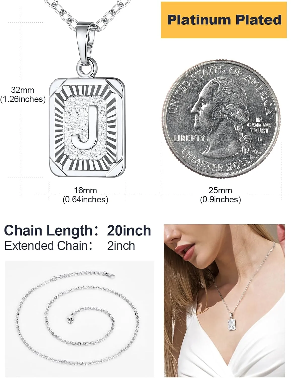 U7 Monogram Necklace A-Z 26 Letters Pendants 18K Gold/Platinum Plated Square Capital Initial Necklaces for Women Men, Resizable Chain 20"-22"