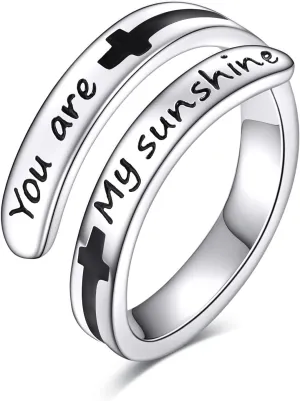 URONE Faith Cross Rings Adjustable Sterling Silver Faith Over Fear Cross Rings Christian Religious Jewelry Gifts For Women Men