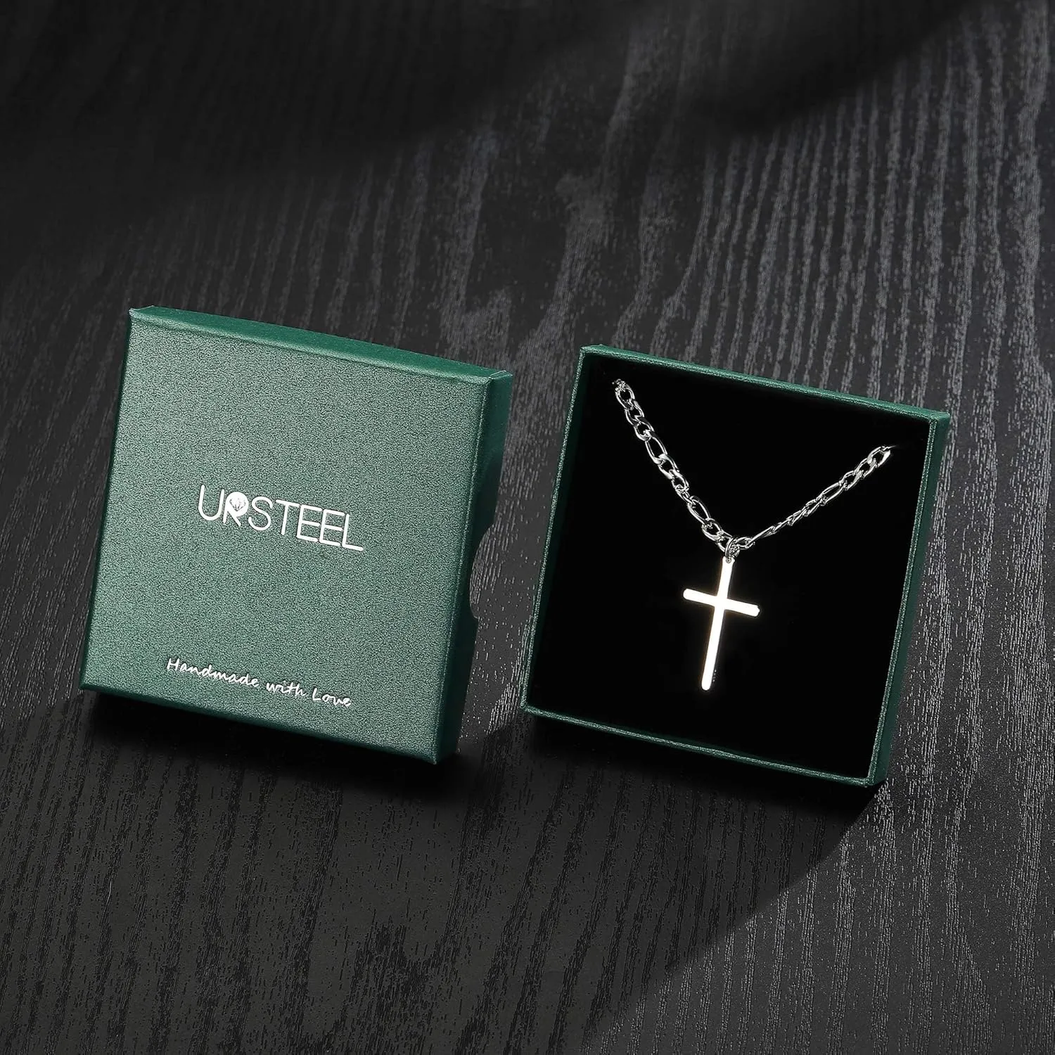 Ursteel 925 Sterling Silver Cross Necklace for Men Women - 18K White Gold Plated Stainless Steel Diamond Cut Silver Chain Cross Jewelry 16-24 Inches