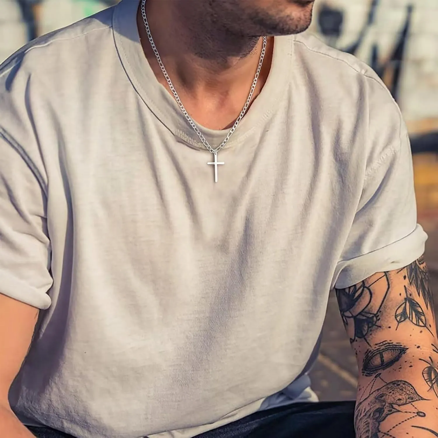 Ursteel 925 Sterling Silver Cross Necklace for Men Women - 18K White Gold Plated Stainless Steel Diamond Cut Silver Chain Cross Jewelry 16-24 Inches