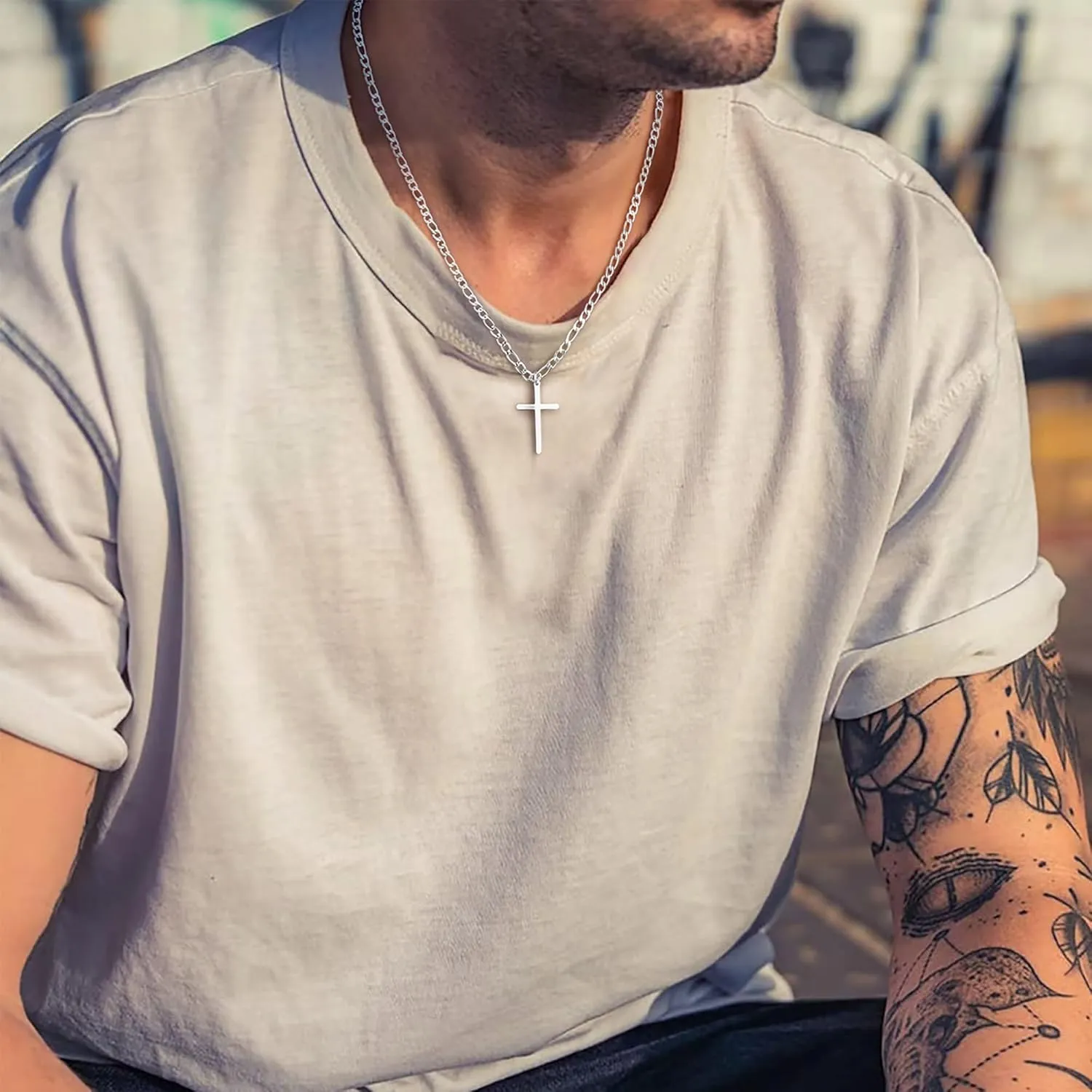 Ursteel 925 Sterling Silver Cross Necklace for Men Women - 18K White Gold Plated Stainless Steel Diamond Cut Silver Chain Cross Jewelry 16-24 Inches