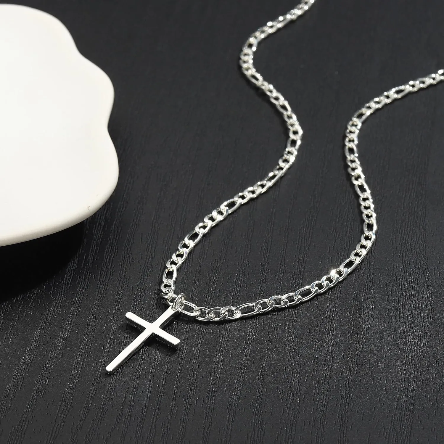 Ursteel 925 Sterling Silver Cross Necklace for Men Women - 18K White Gold Plated Stainless Steel Diamond Cut Silver Chain Cross Jewelry 16-24 Inches