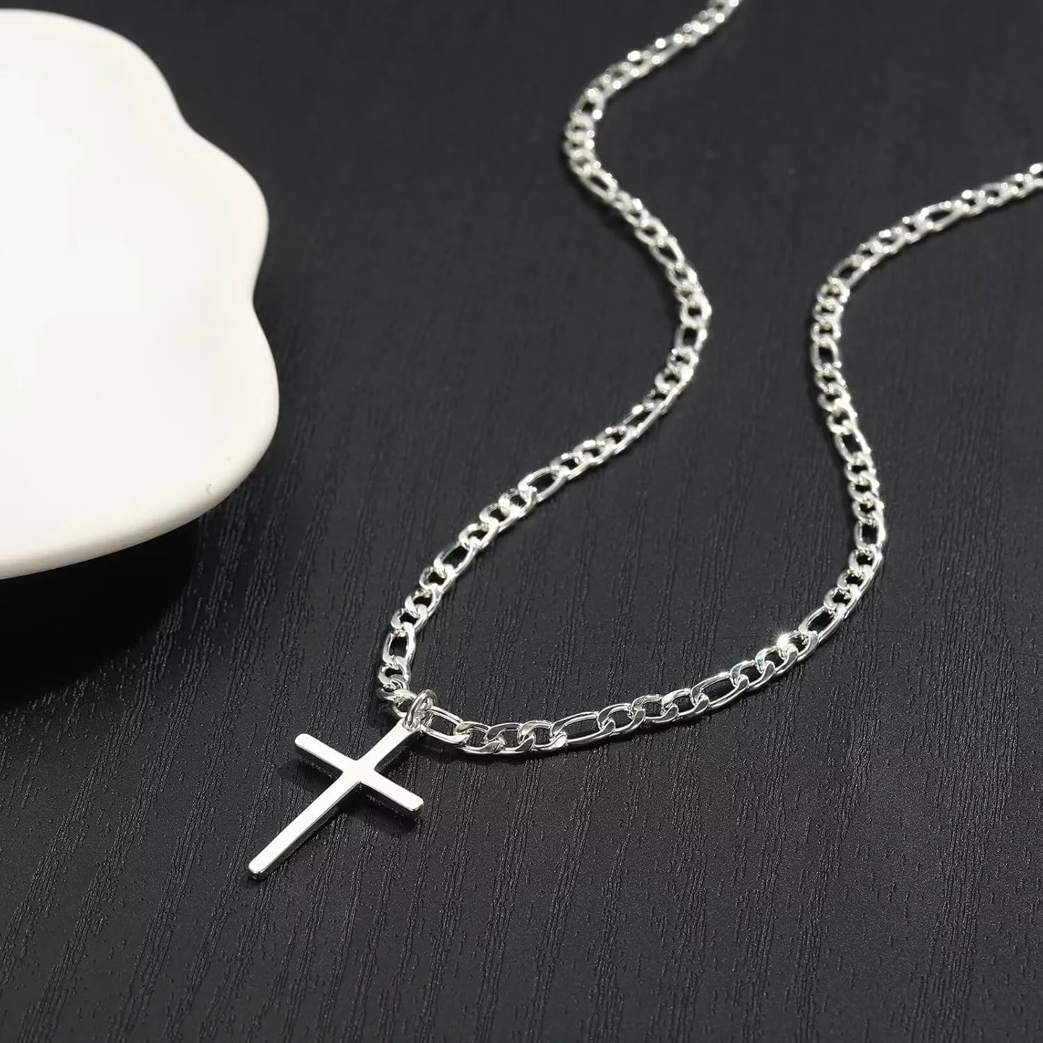 Ursteel 925 Sterling Silver Cross Necklace for Men Women - 18K White Gold Plated Stainless Steel Diamond Cut Silver Chain Cross Jewelry 16-24 Inches