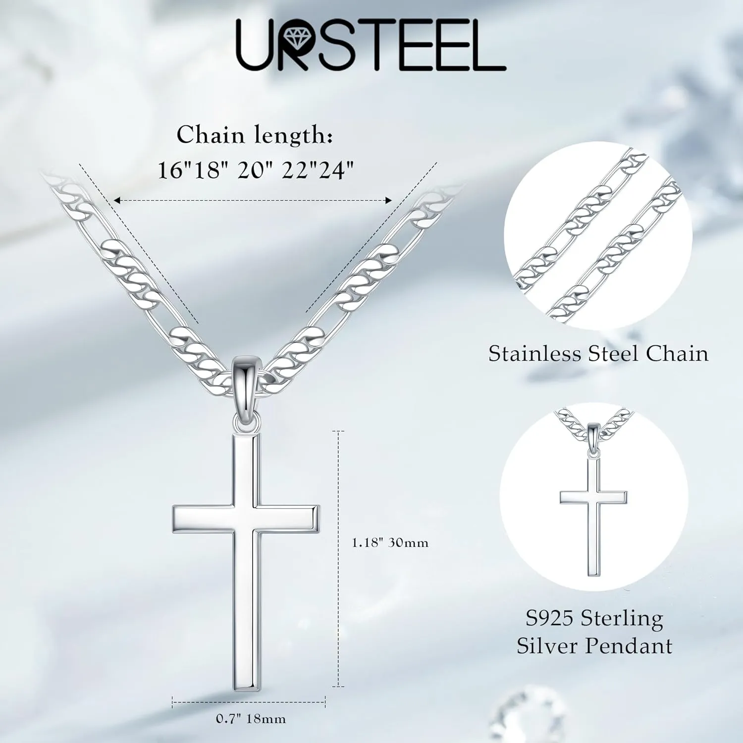 Ursteel 925 Sterling Silver Cross Necklace for Men Women - 18K White Gold Plated Stainless Steel Diamond Cut Silver Chain Cross Necklace Cross Jewelry 16-24 Inches