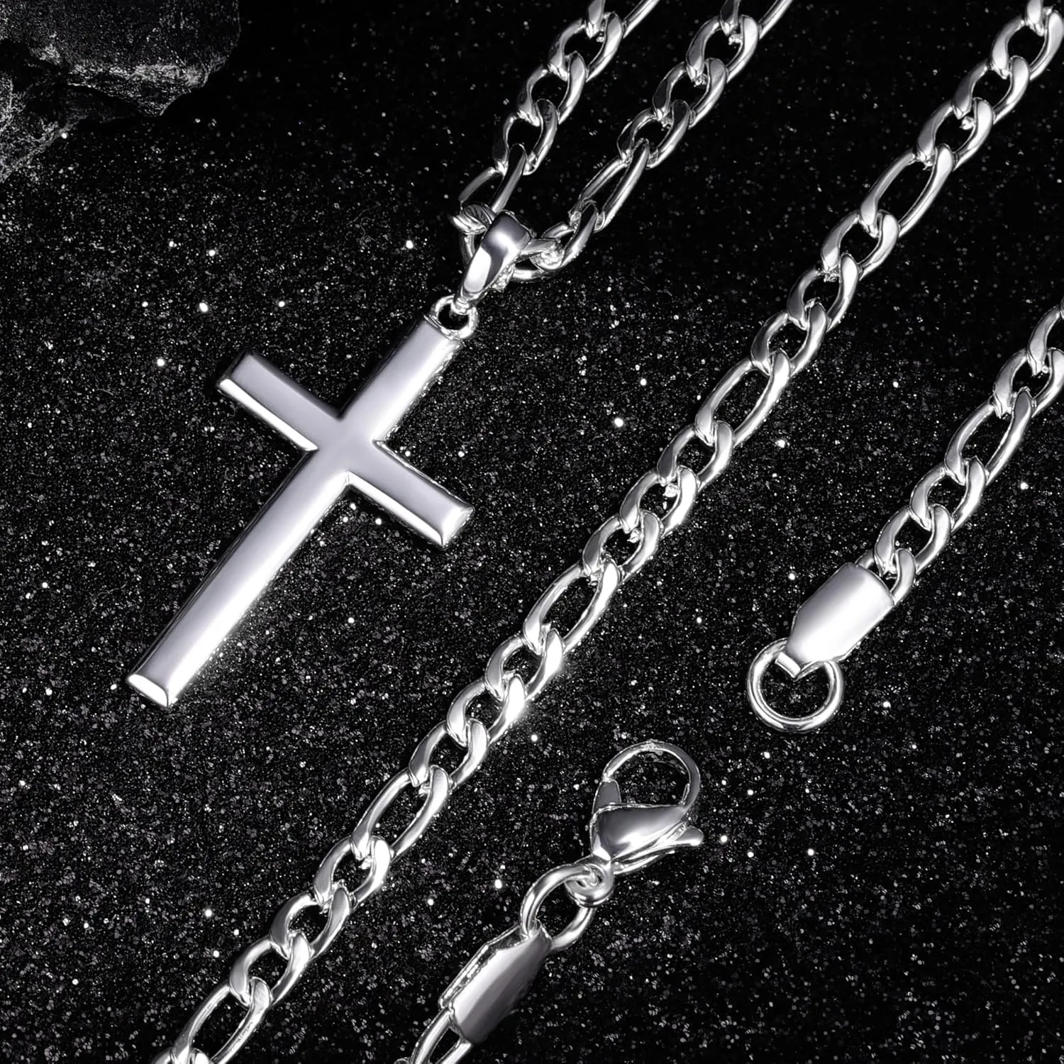Ursteel 925 Sterling Silver Cross Necklace for Men Women - 18K White Gold Plated Stainless Steel Diamond Cut Silver Chain Cross Necklace Cross Jewelry 16-24 Inches