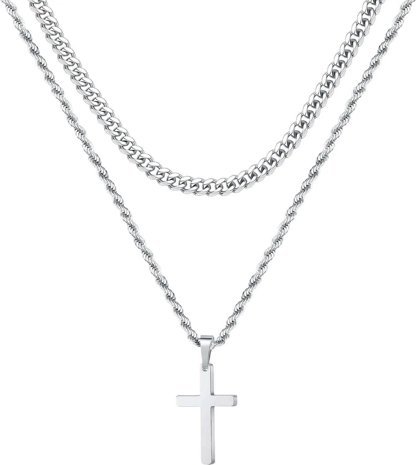 Ursteel Layered Cross Necklace for Men - 18K Gold Silver Black Cross Necklaces Chain for Men, Layered Rope Chain Cross Necklace for Men 16 18 20 22 24 Inch