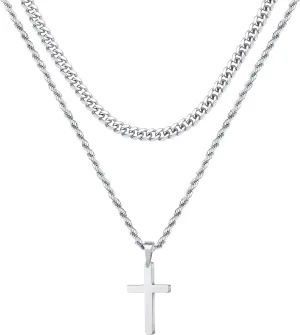 Ursteel Layered Cross Necklace for Men - 18K Gold Silver Black Cross Necklaces Chain for Men, Layered Rope Chain Cross Necklace for Men 16 18 20 22 24 Inch