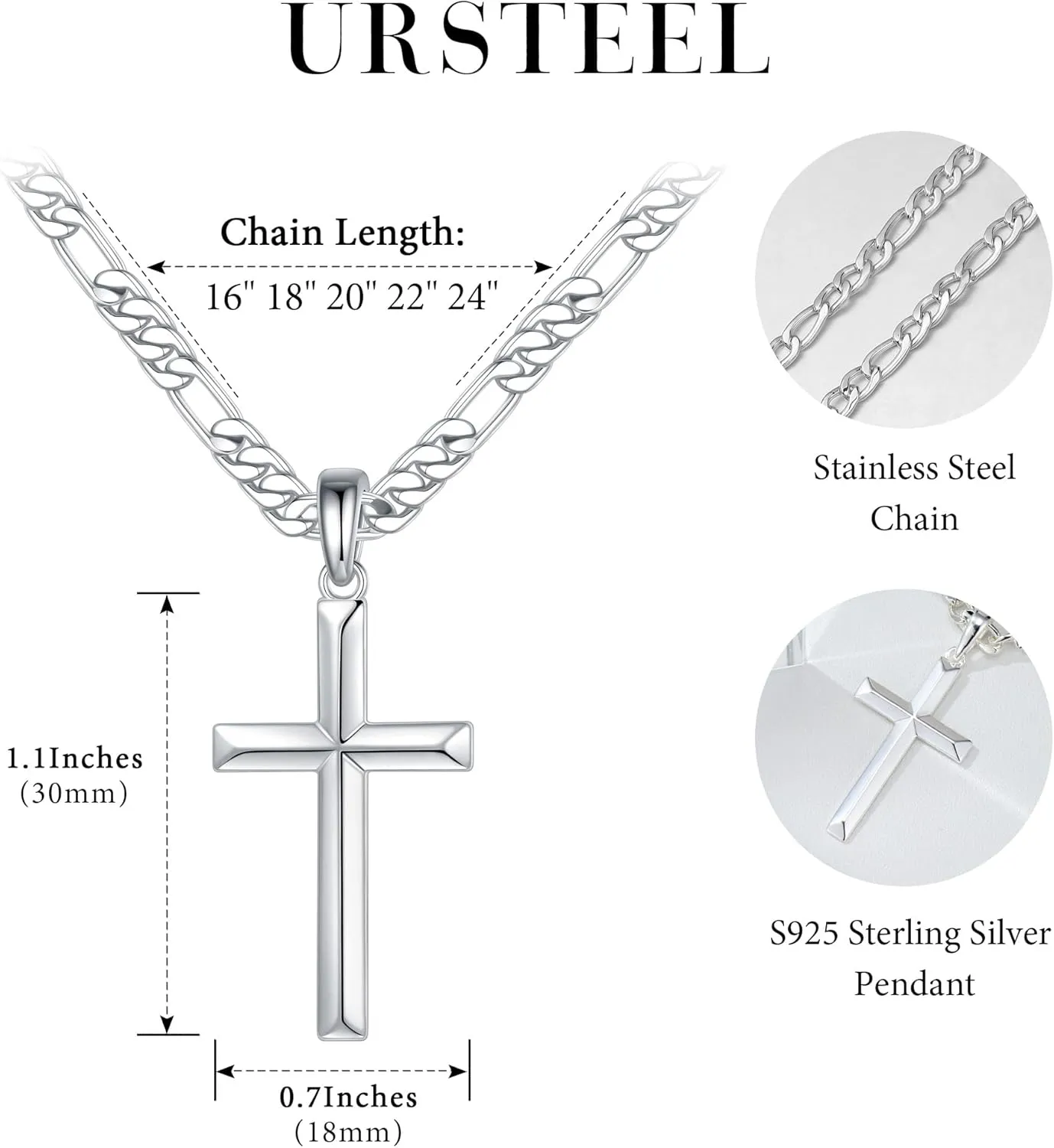 Ursteel S925 Sterling Silver Cross Necklace for Men Women - Stainless Steel Diamond Cut Chain Silver Mens Cross Necklace Jewelry 16-24 Inches