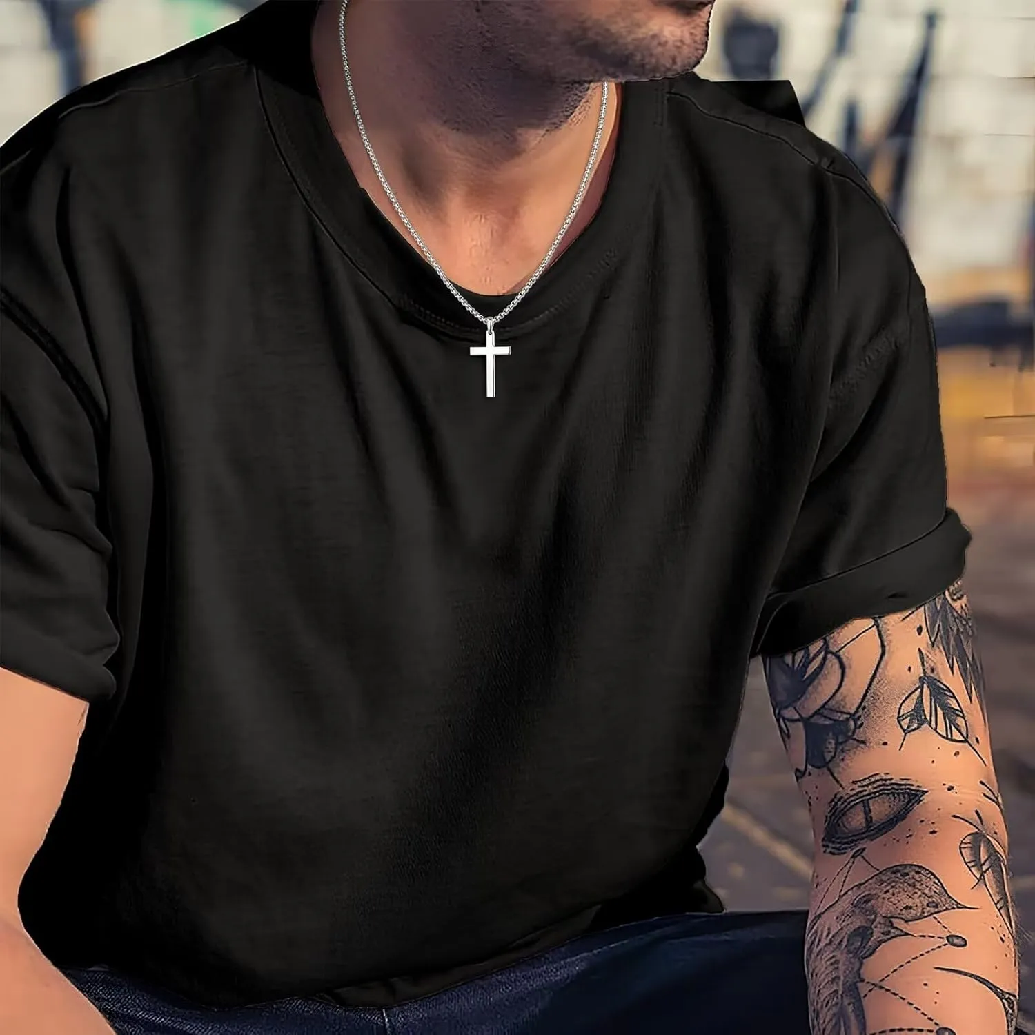 Ursteel S925 Sterling Silver Cross Necklace for Men Women - Stainless Steel Diamond Cut Chain Silver Mens Cross Pendant Necklace Jewelry 16-24 Inches