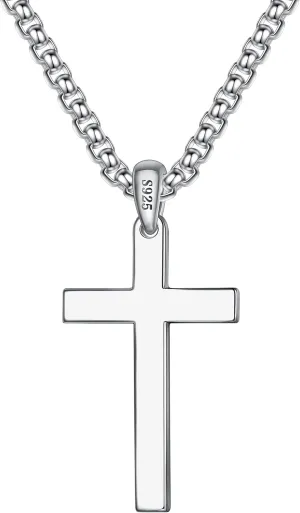 Ursteel S925 Sterling Silver Cross Necklace for Men Women - Stainless Steel Diamond Cut Chain Silver Mens Cross Pendant Necklace Jewelry 16-24 Inches