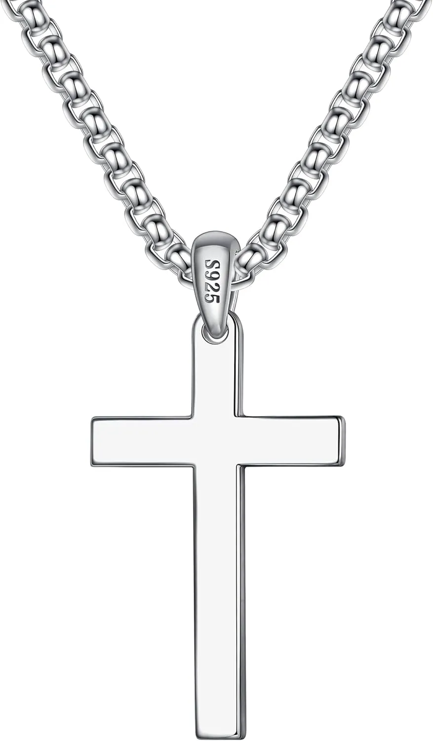 Ursteel S925 Sterling Silver Cross Necklace for Men Women - Stainless Steel Diamond Cut Chain Silver Mens Cross Pendant Necklace Jewelry 16-24 Inches