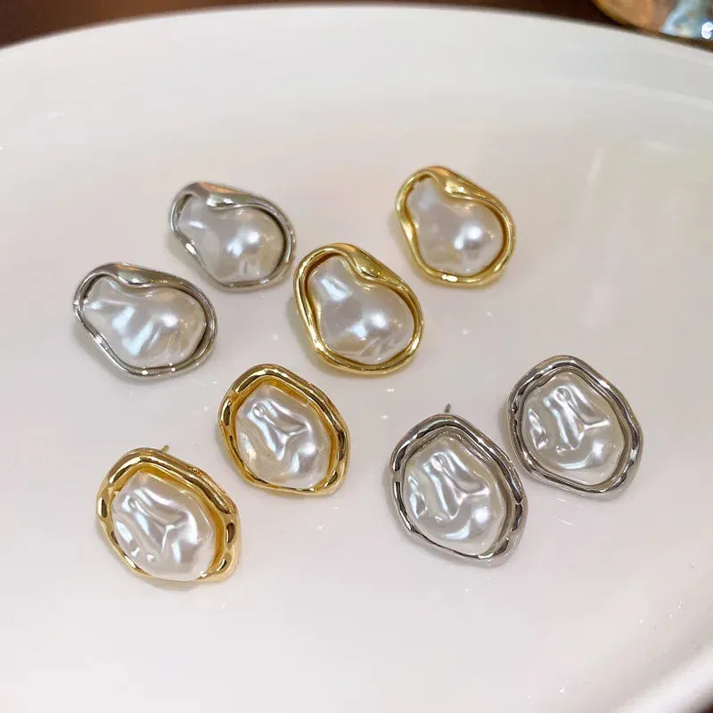 VAIGE Artistic Geometric Metal Baroque Pearl Stud Earrings in Classic White and Silver
