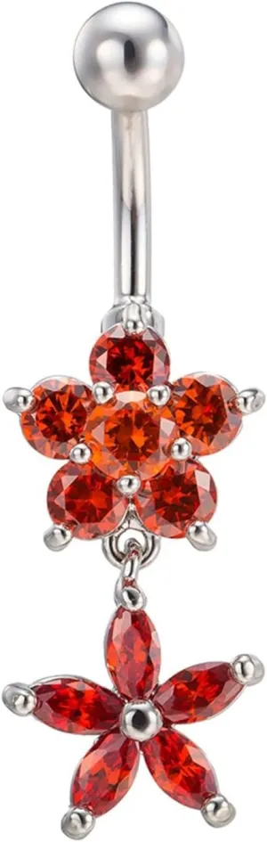 Valentine Gifts for Women, Belly Rings for Women Flower Cubic Zirconia Purple Surgical Steel Double Flowers 3.45G for Women Body Piercing Jewelry