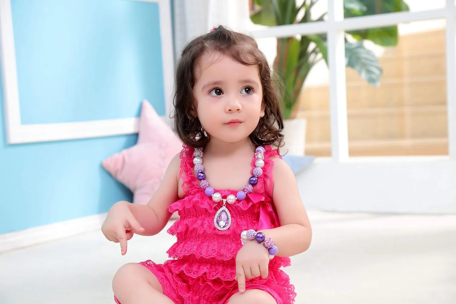 VCMART Rose Girls Cute Chunky Bubblegum Necklace and Bracelet Set Girls' Birthdays Day Gift Rainbow Amulet Teardrop Amethyst Pendants Necklace Bracelet