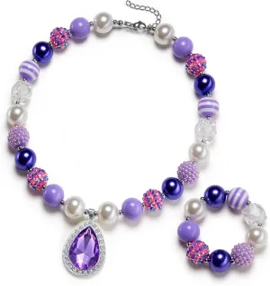 VCMART Rose Girls Cute Chunky Bubblegum Necklace and Bracelet Set Girls' Birthdays Day Gift Rainbow Amulet Teardrop Amethyst Pendants Necklace Bracelet