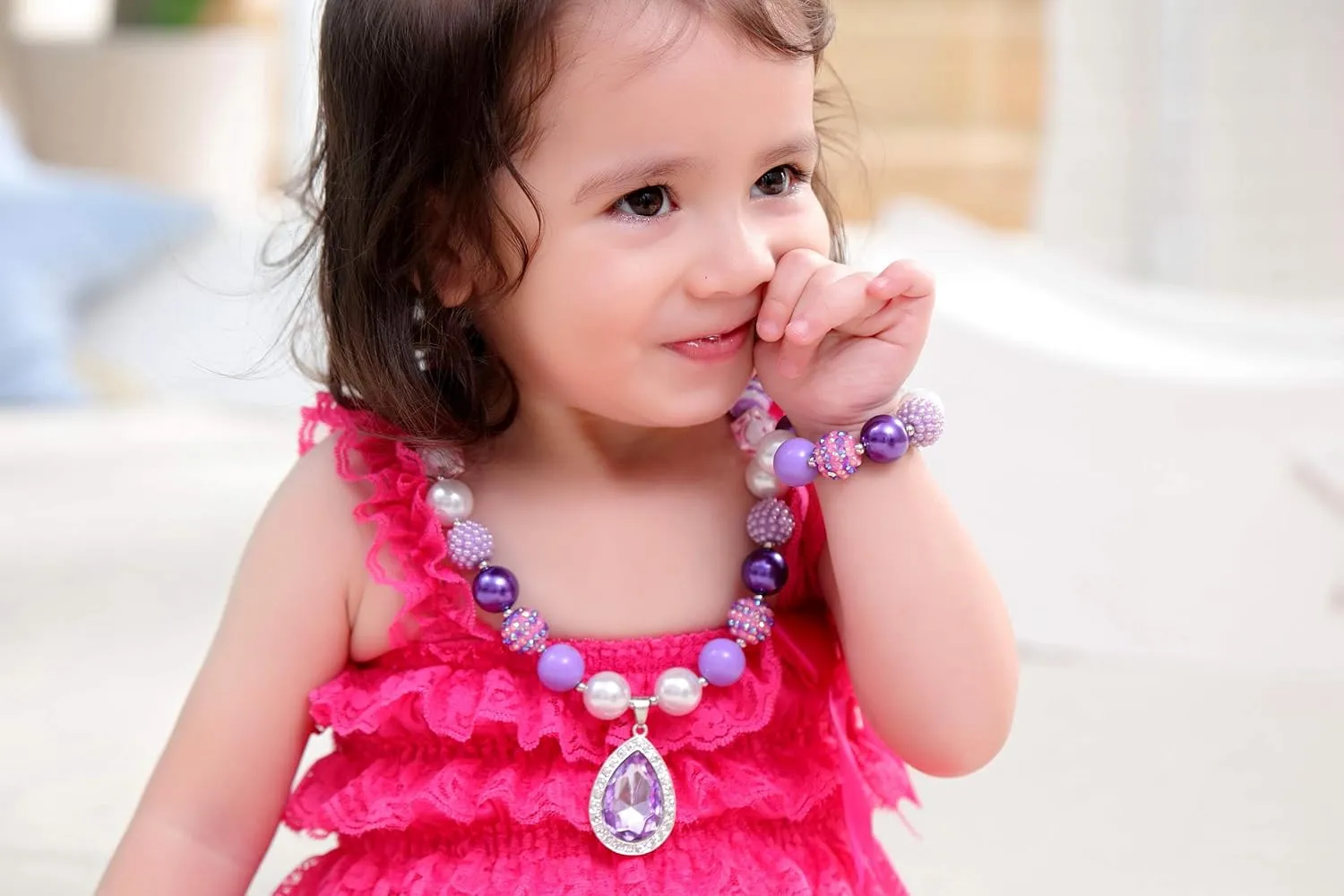 VCMART Rose Girls Cute Chunky Bubblegum Necklace and Bracelet Set Girls' Birthdays Day Gift Rainbow Amulet Teardrop Amethyst Pendants Necklace Bracelet