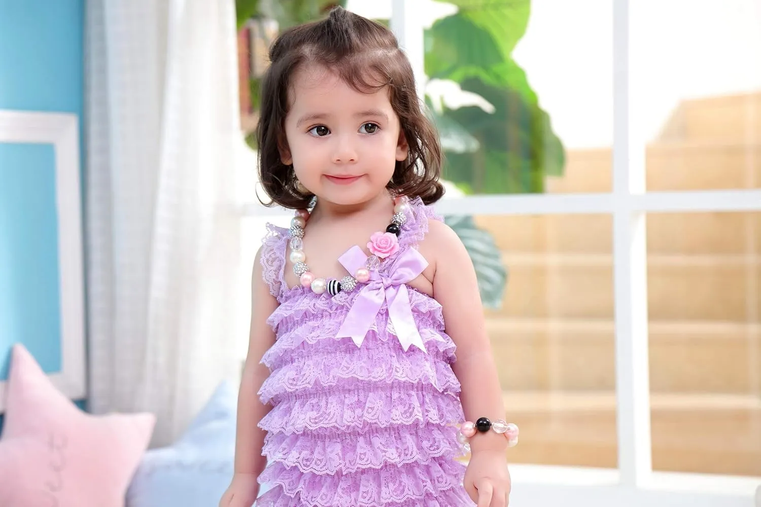 VCMART Rose Girls Cute Chunky Bubblegum Necklace and Bracelet Set Girls' Birthdays Day Gift Rainbow Amulet Teardrop Amethyst Pendants Necklace Bracelet