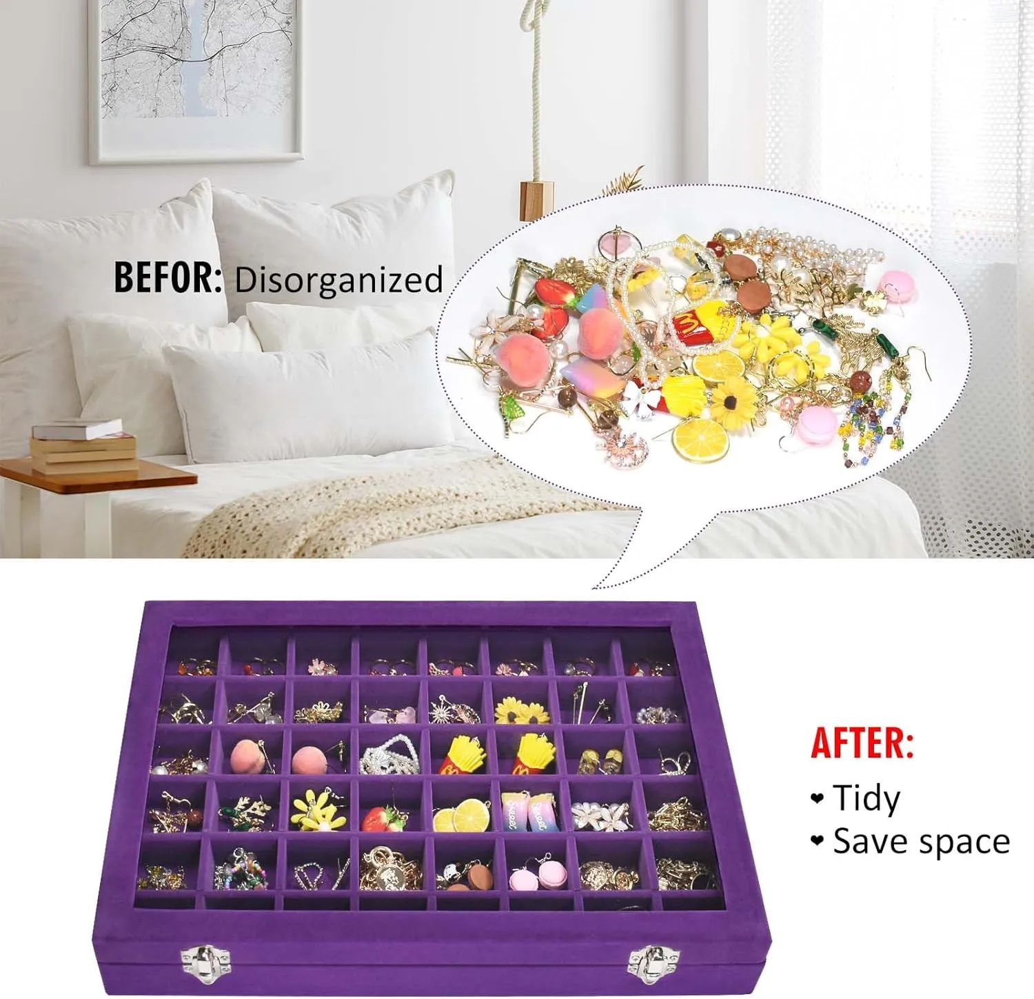 Velvet Jewelry Tray 48 Compartments Jewelry Display Organizer with Transparent Cover Rings, Earrings, Necklaces, Pendants Storage Box for Girls, Wives, Mothers, Women