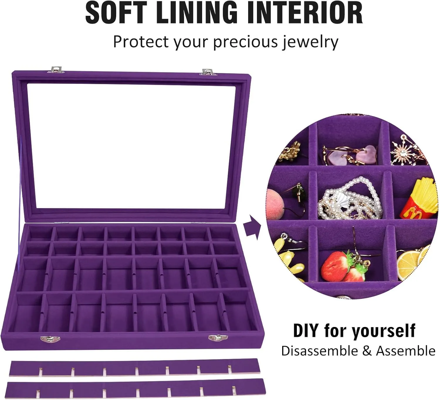 Velvet Jewelry Tray 48 Compartments Jewelry Display Organizer with Transparent Cover Rings, Earrings, Necklaces, Pendants Storage Box for Girls, Wives, Mothers, Women