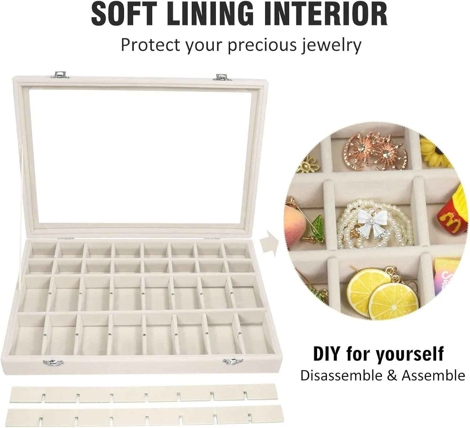 Velvet Jewelry Tray 48 Compartments Jewelry Display Organizer with Transparent Cover Rings, Earrings, Necklaces, Pendants Storage Box for Girls, Wives, Mothers, Women