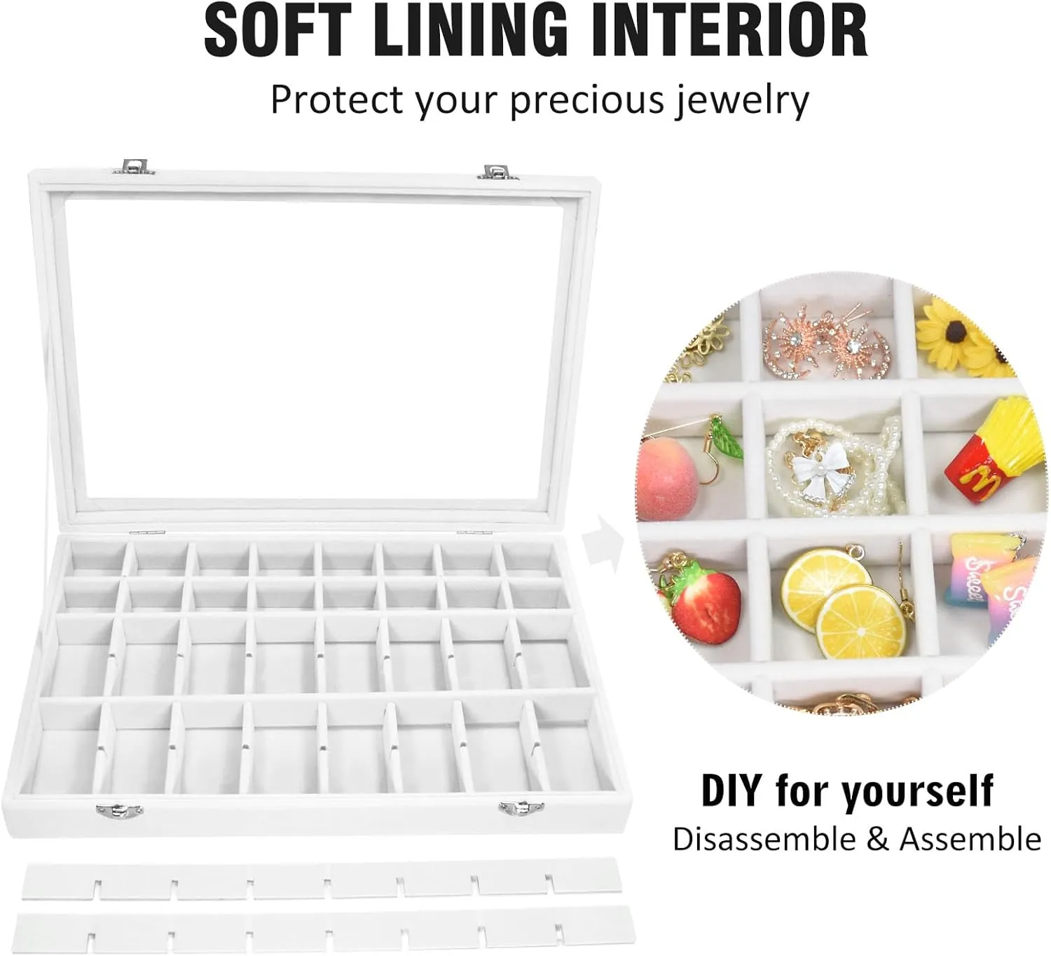 Velvet Jewelry Tray 48 Compartments Jewelry Display Organizer with Transparent Cover Rings, Earrings, Necklaces, Pendants Storage Box for Girls, Wives, Mothers, Women