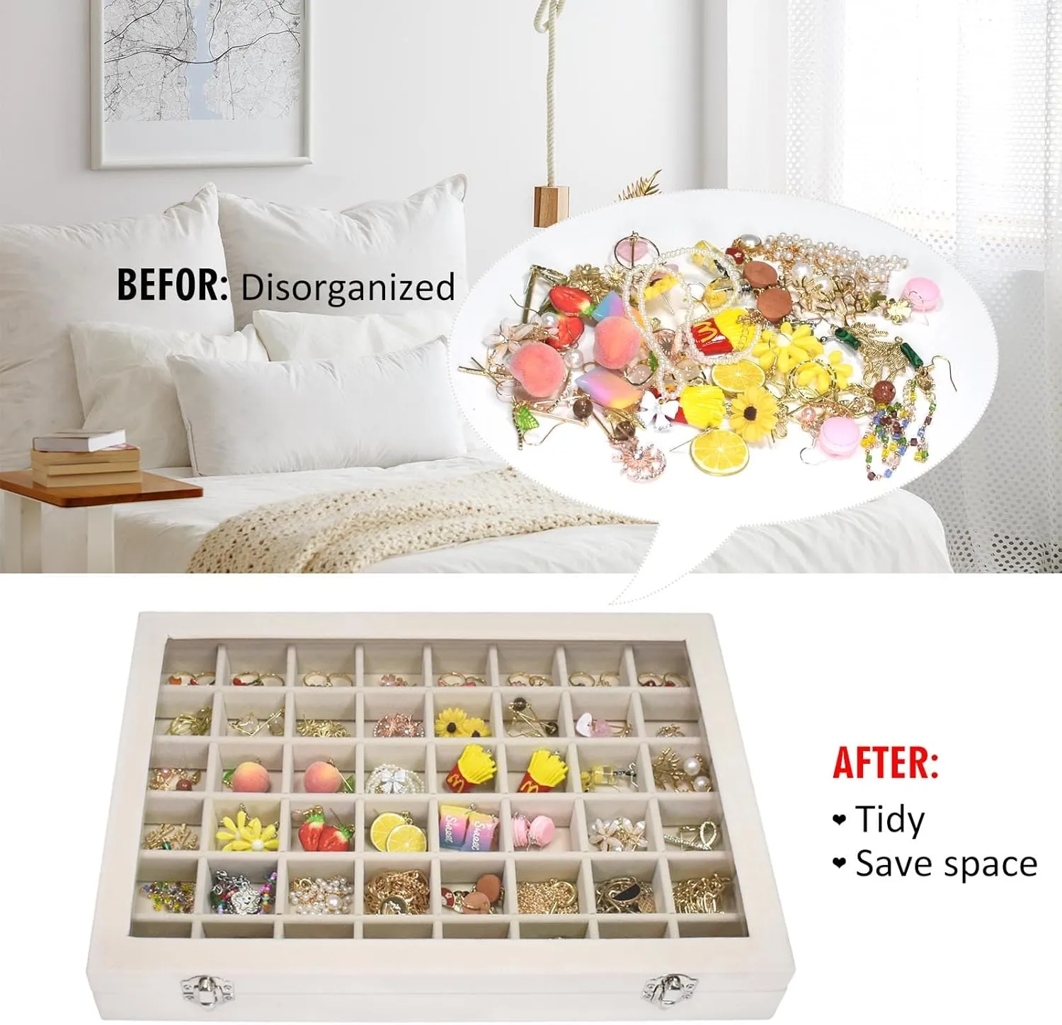 Velvet Jewelry Tray 48 Compartments Jewelry Display Organizer with Transparent Cover Rings, Earrings, Necklaces, Pendants Storage Box for Girls, Wives, Mothers, Women