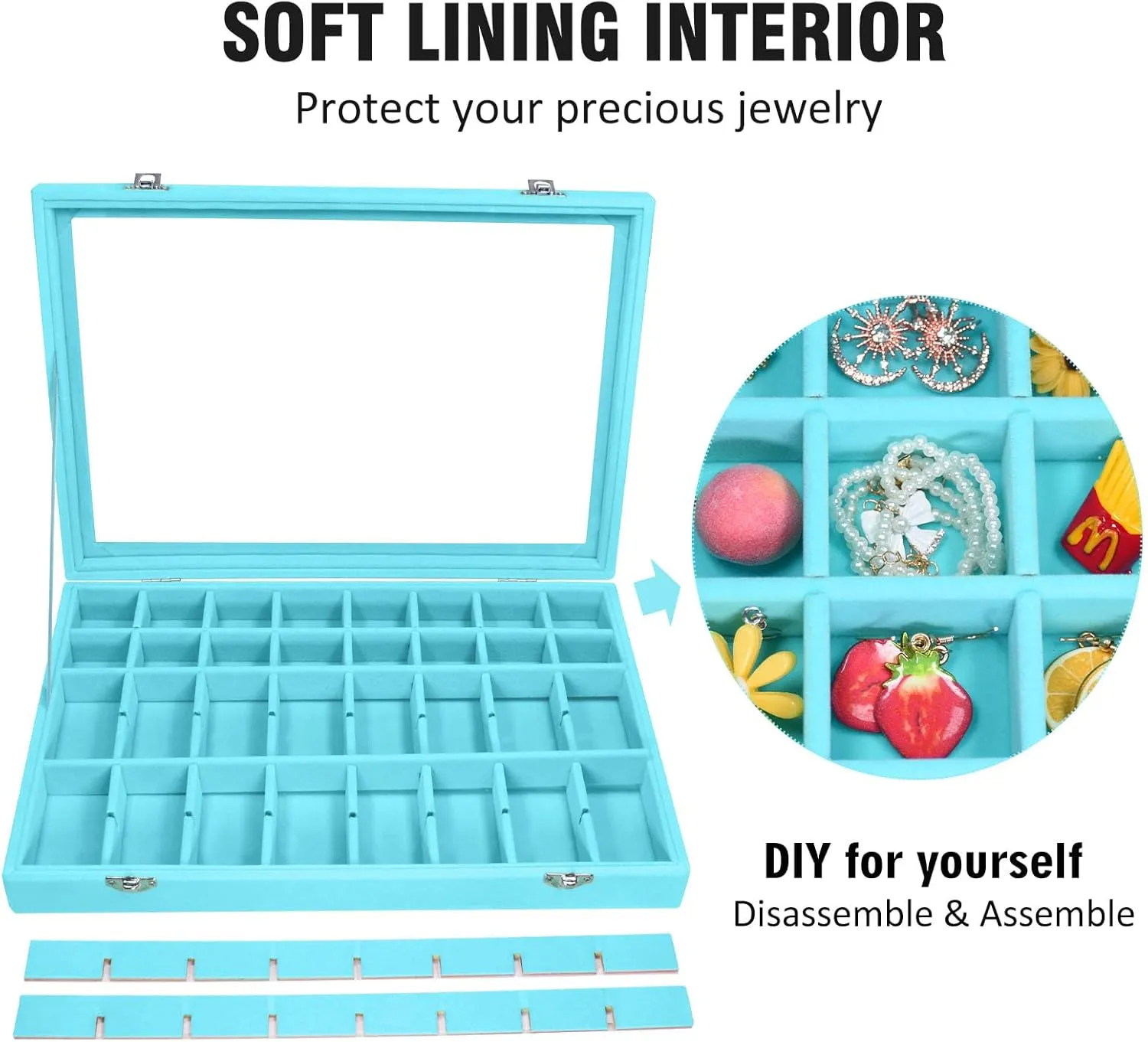 Velvet Jewelry Tray 48 Compartments Jewelry Display Organizer with Transparent Cover Rings, Earrings, Necklaces, Pendants Storage Box for Girls, Wives, Mothers, Women