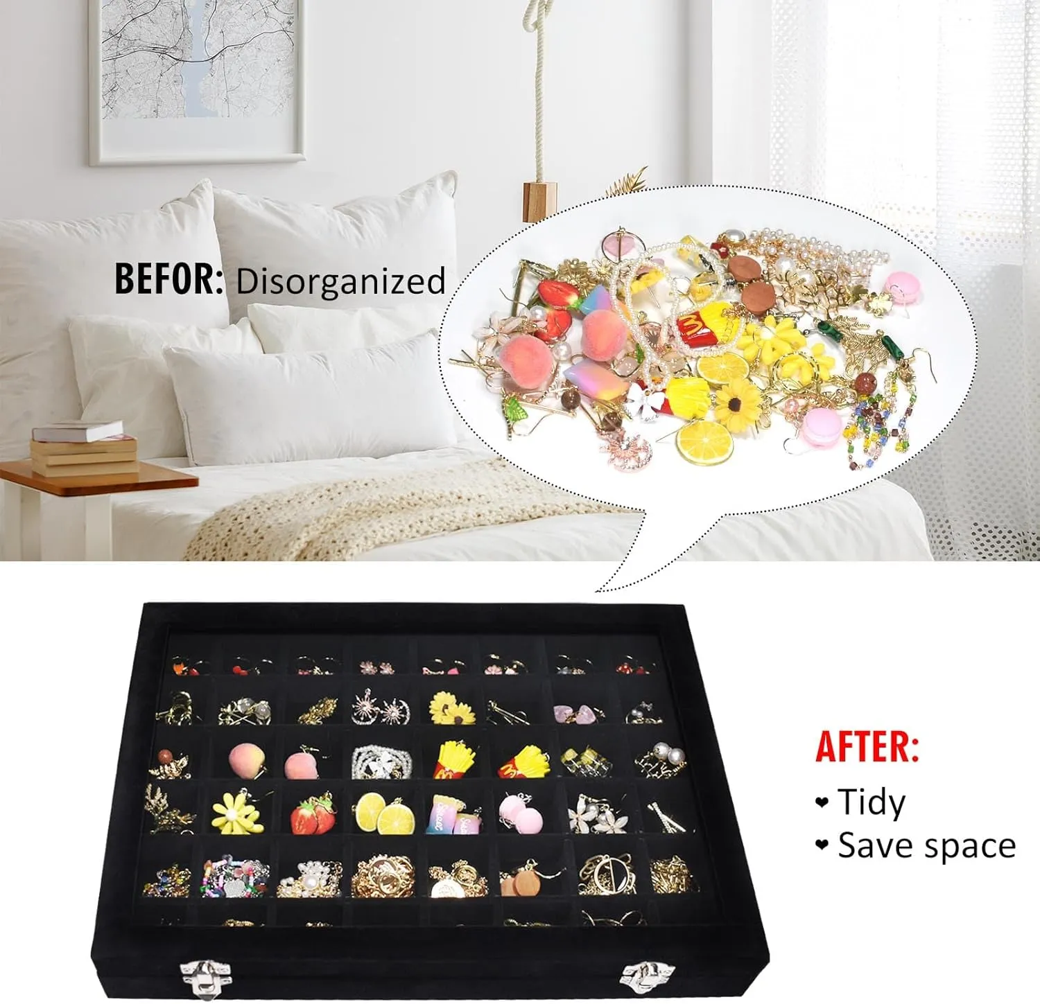 Velvet Jewelry Tray 48 Compartments Jewelry Display Organizer with Transparent Cover Rings, Earrings, Necklaces, Pendants Storage Box for Girls, Wives, Mothers, Women