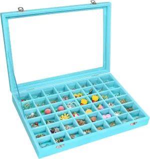 Velvet Jewelry Tray 48 Compartments Jewelry Display Organizer with Transparent Cover Rings, Earrings, Necklaces, Pendants Storage Box for Girls, Wives, Mothers, Women