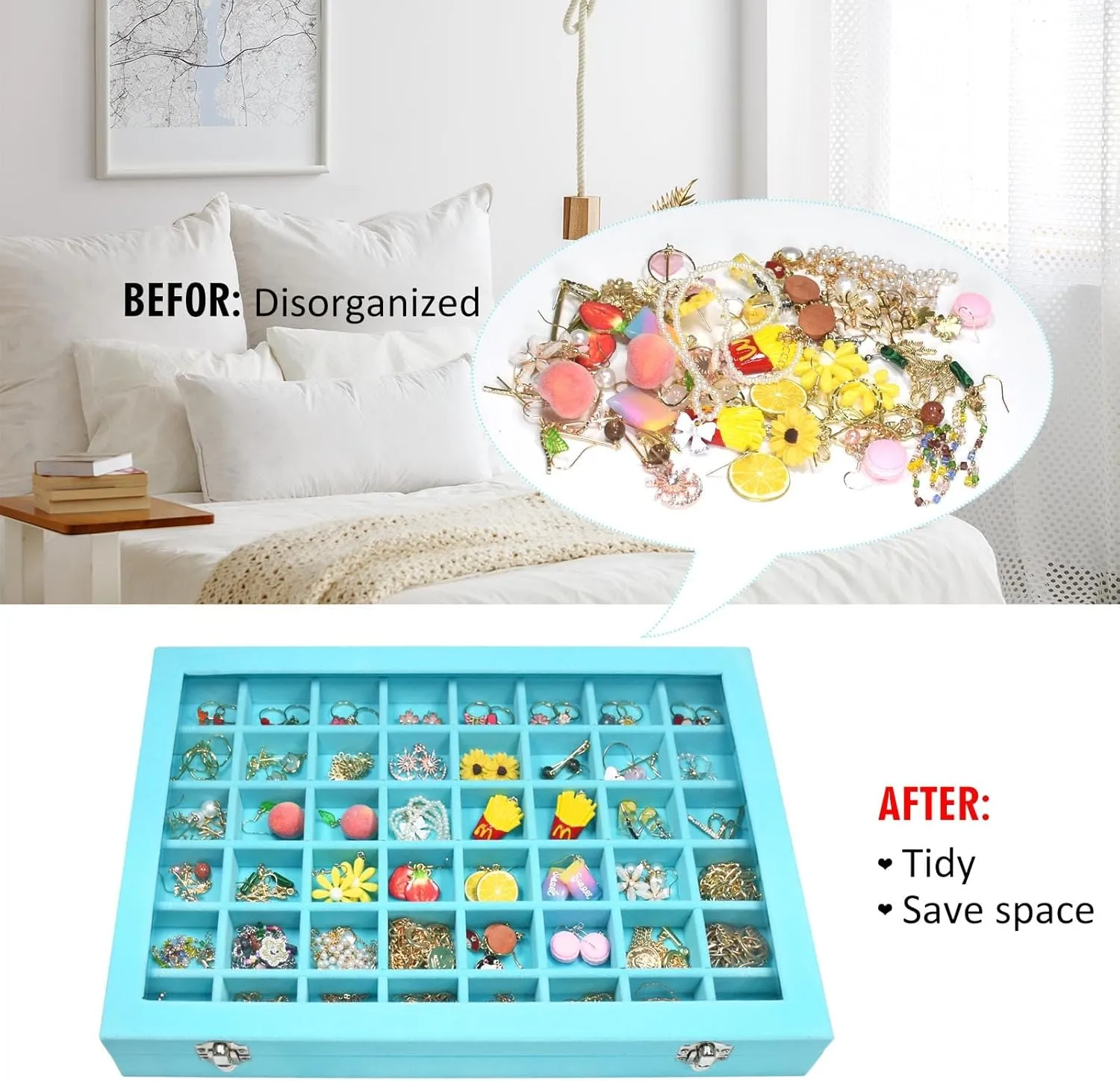 Velvet Jewelry Tray 48 Compartments Jewelry Display Organizer with Transparent Cover Rings, Earrings, Necklaces, Pendants Storage Box for Girls, Wives, Mothers, Women