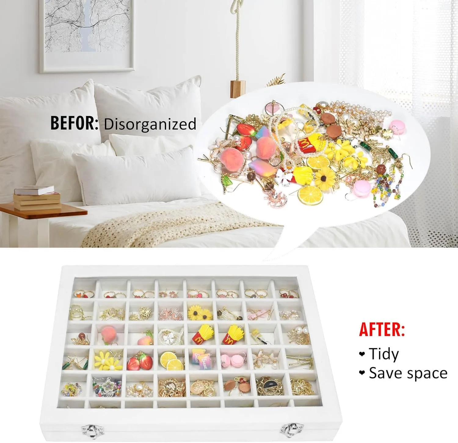 Velvet Jewelry Tray 48 Compartments Jewelry Display Organizer with Transparent Cover Rings, Earrings, Necklaces, Pendants Storage Box for Girls, Wives, Mothers, Women