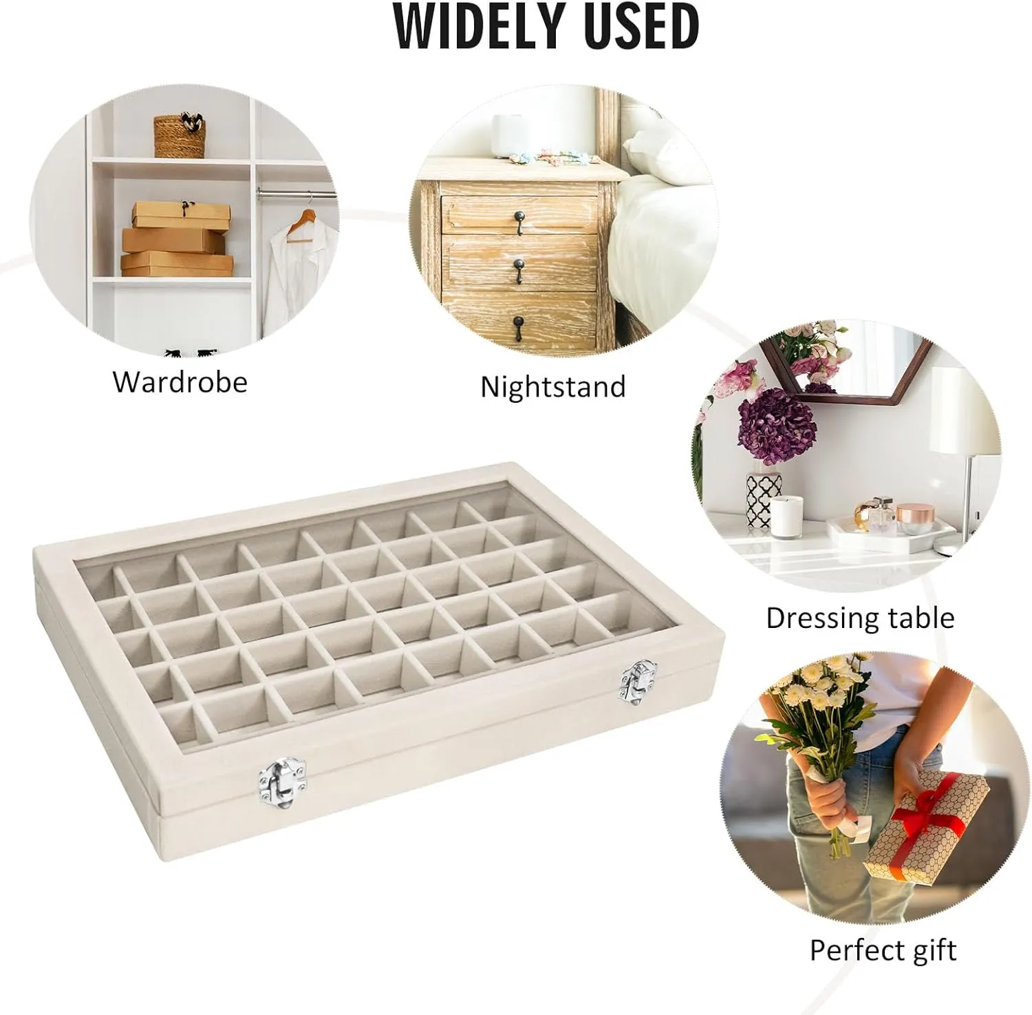 Velvet Jewelry Tray 48 Compartments Jewelry Display Organizer with Transparent Cover Rings, Earrings, Necklaces, Pendants Storage Box for Girls, Wives, Mothers, Women
