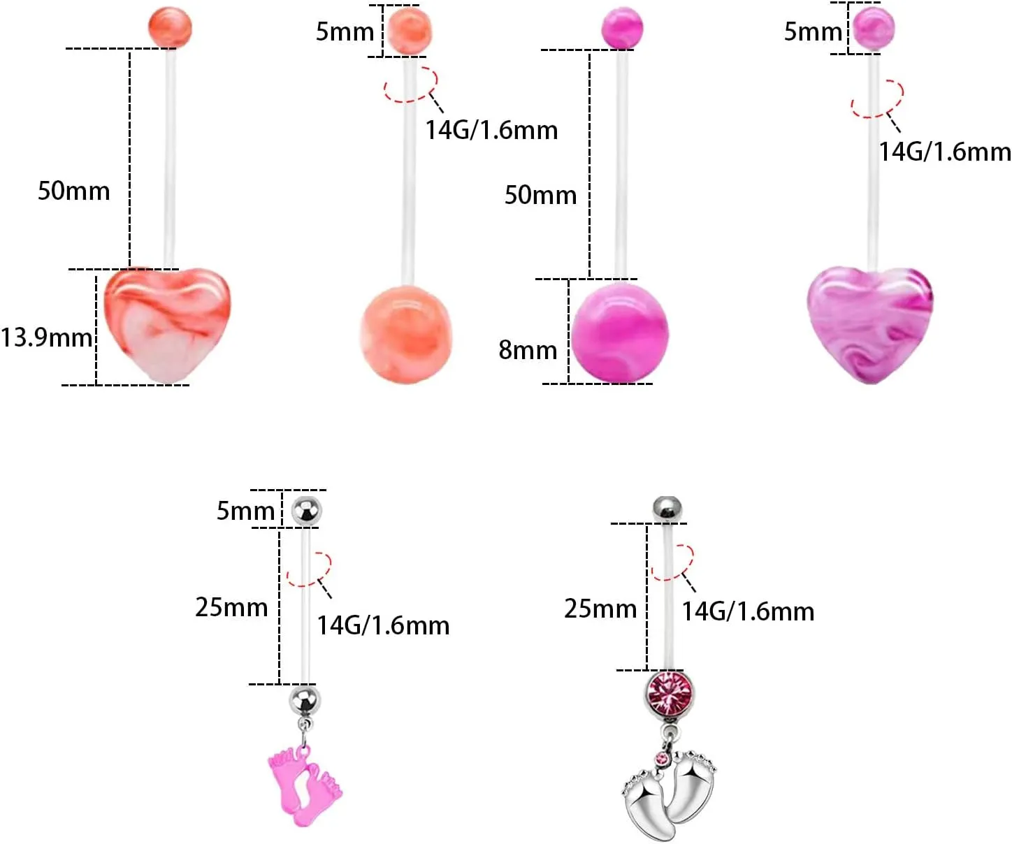 VERAMI 14G Flexible Clear Acrylic Pregnancy Heart Belly Button Rings Personalized Dangle Pregnancy Maternity Belly Rings