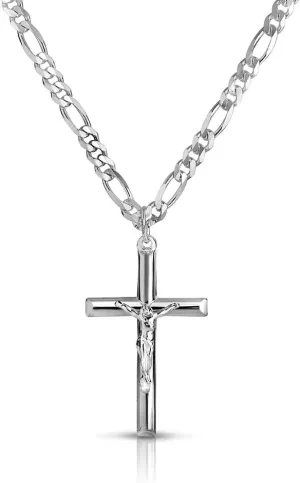 Verona Jewelers Mens 24" Sterling Silver 3.5MM Figaro Chain Necklace Crucifix Cross Pendant, Cross Necklace For Men, 925 Cross Necklace, Men, Necklace, Chains, Pendants